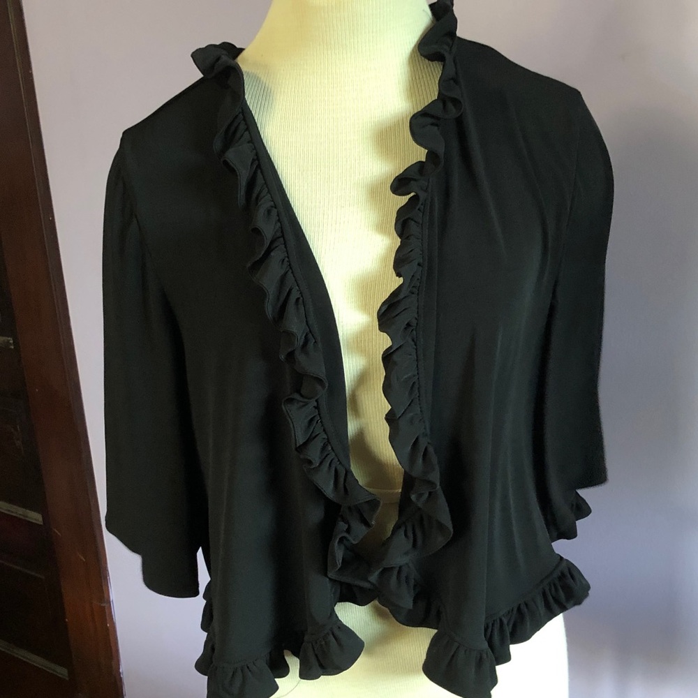 Glamour ruffle Shrug black 3X/stretch knit fabric/to elbow sleeve/open front